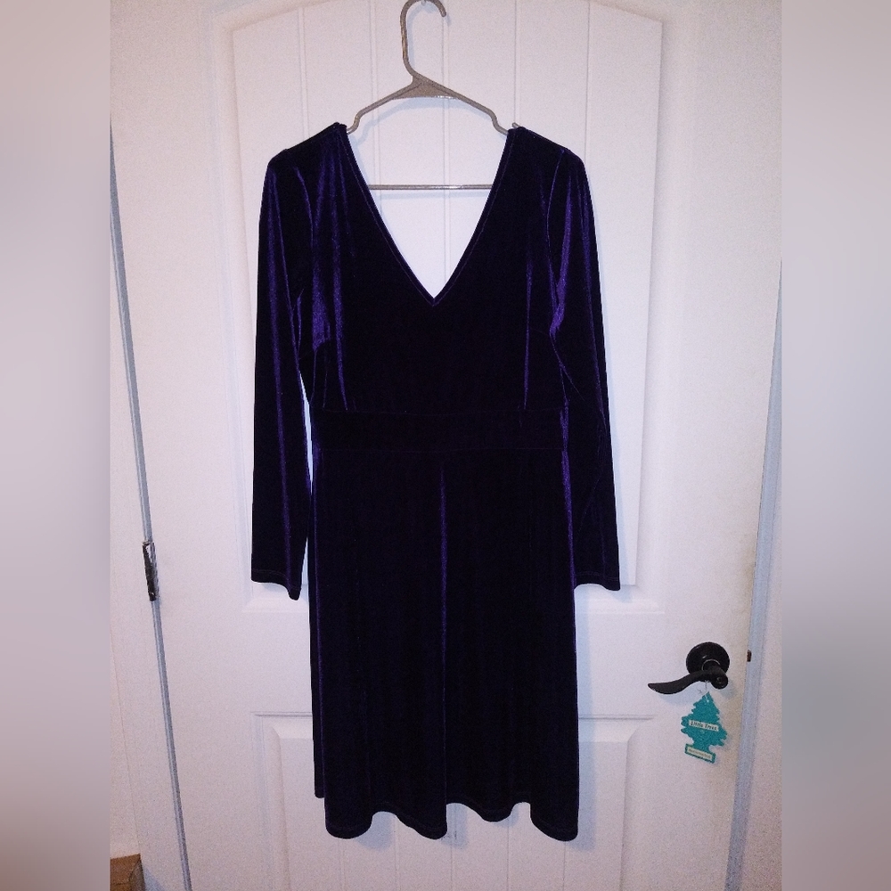 EUC women's 12-14 purple velvateen stetch dress v neck long sleeves aline